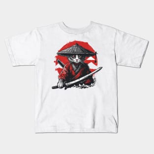 Retro Samurai Cat Katana Sunset Ninja Cat Warrior Cat Japanese Art Kids T-Shirt